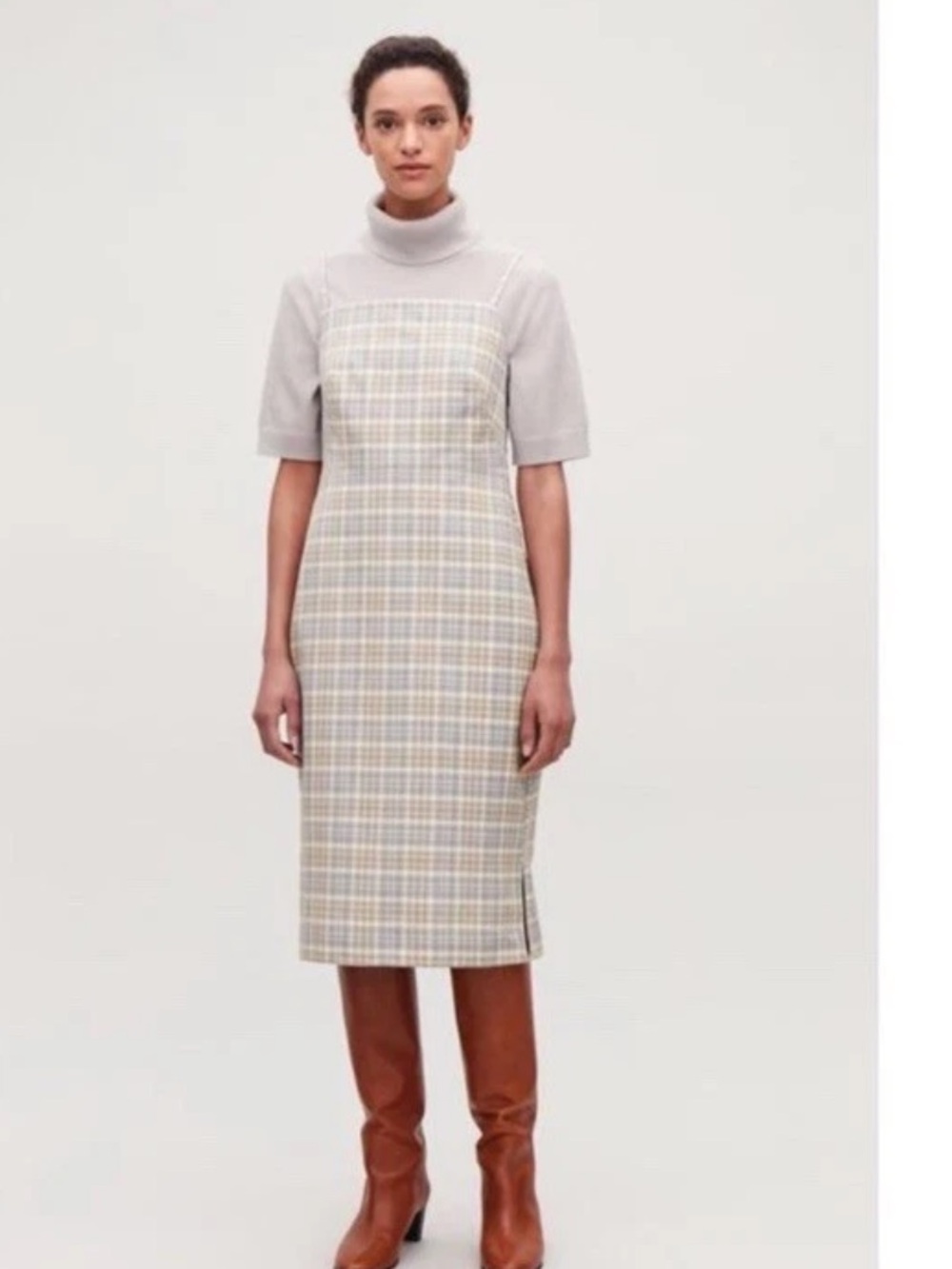 COS Plaid Square-Neck Midi Dress in Blue and Cream